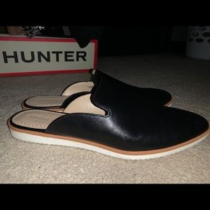 Black leather mules